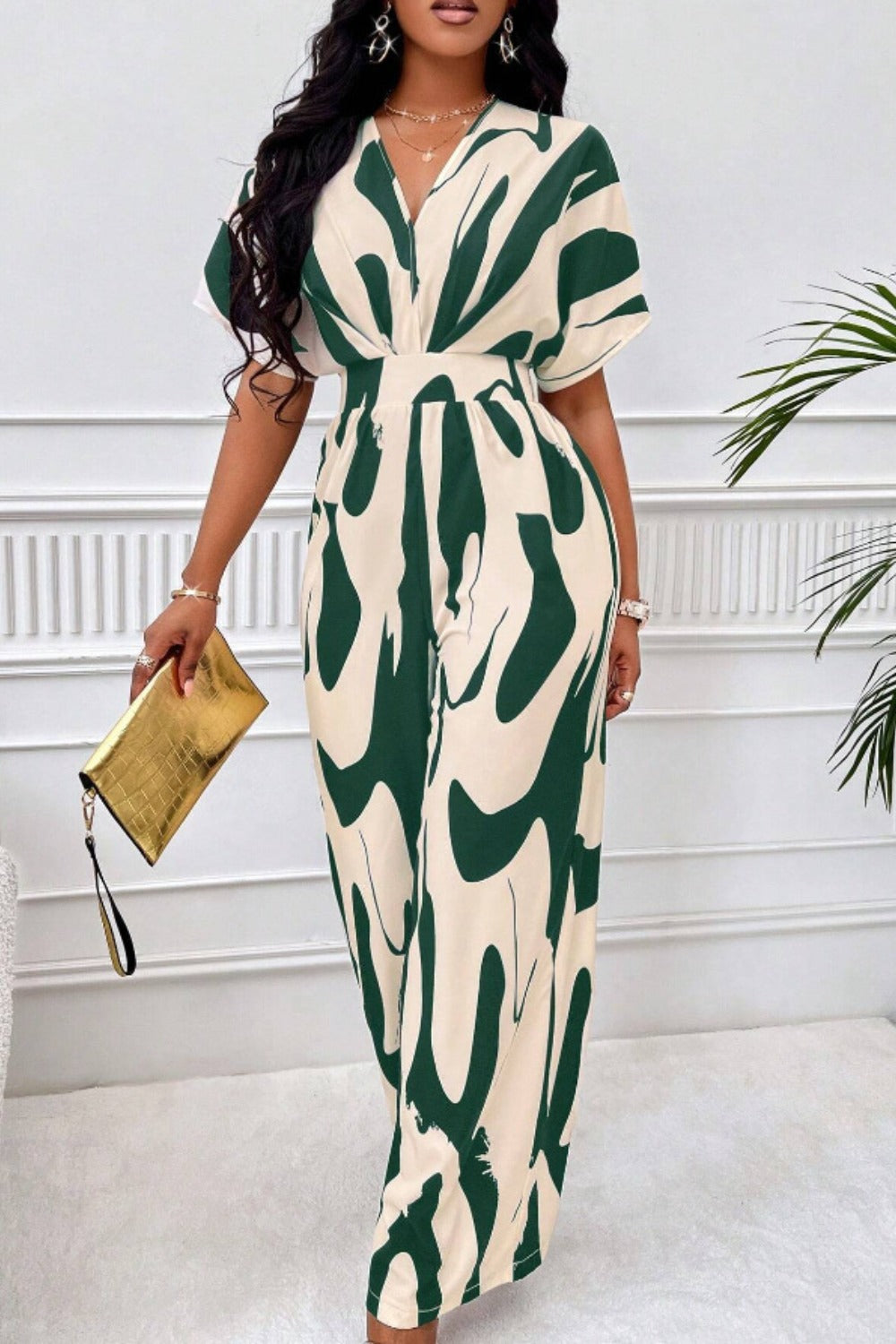 Buy dark-green Printed V-Neck Short Sleeve Wide Leg Jumpsuit