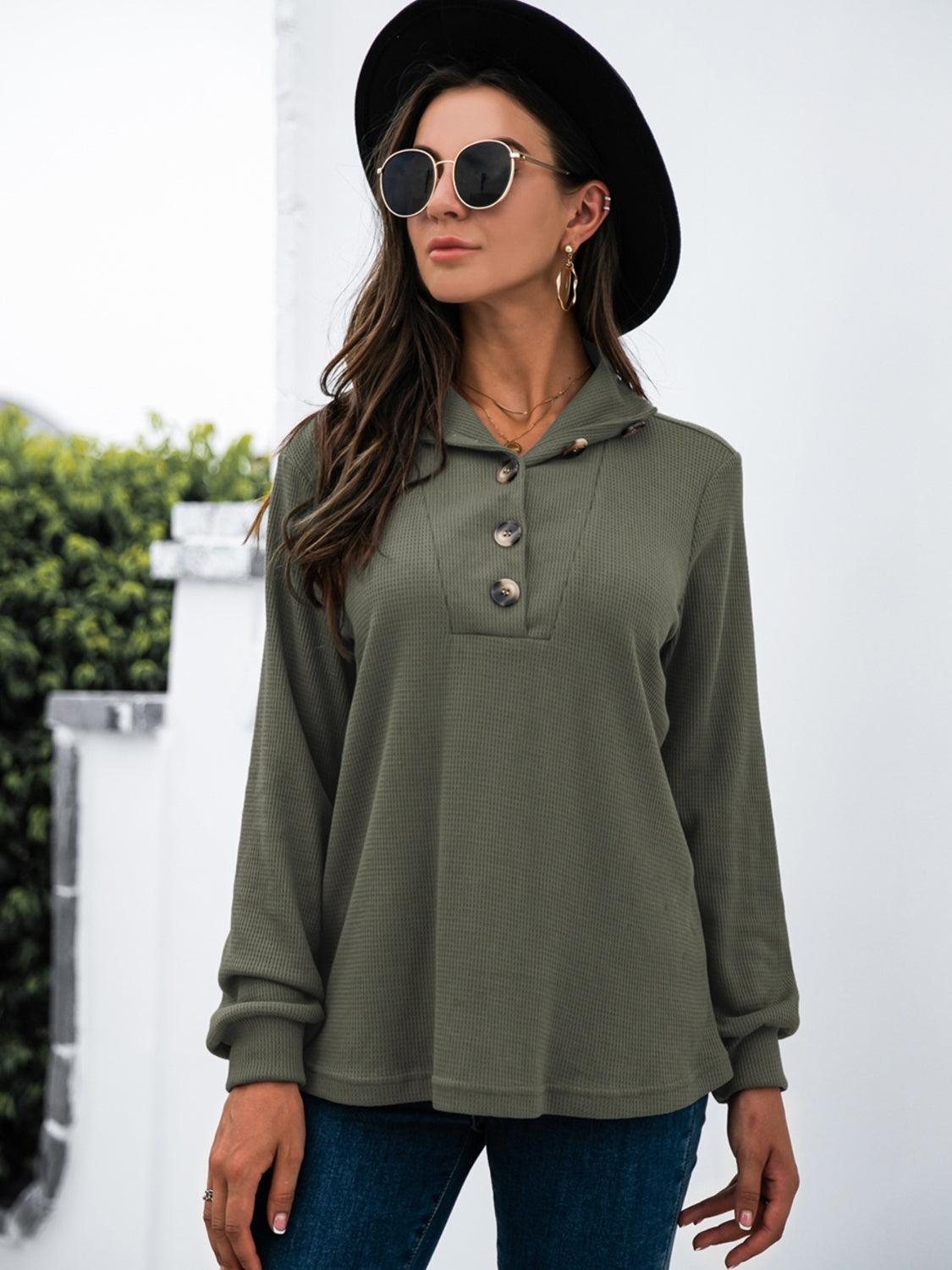 Buy army-green Half Button Long Sleeve T-Shirt