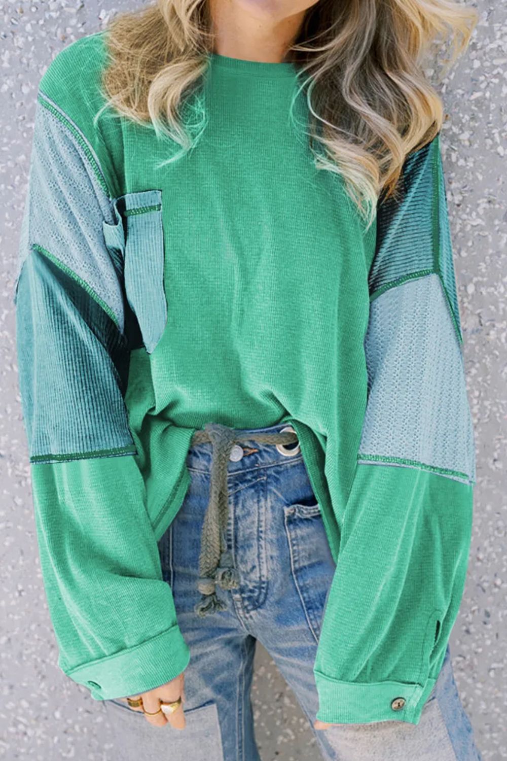 Buy green Patchwork Color Block Round Neck Long Sleeve Top