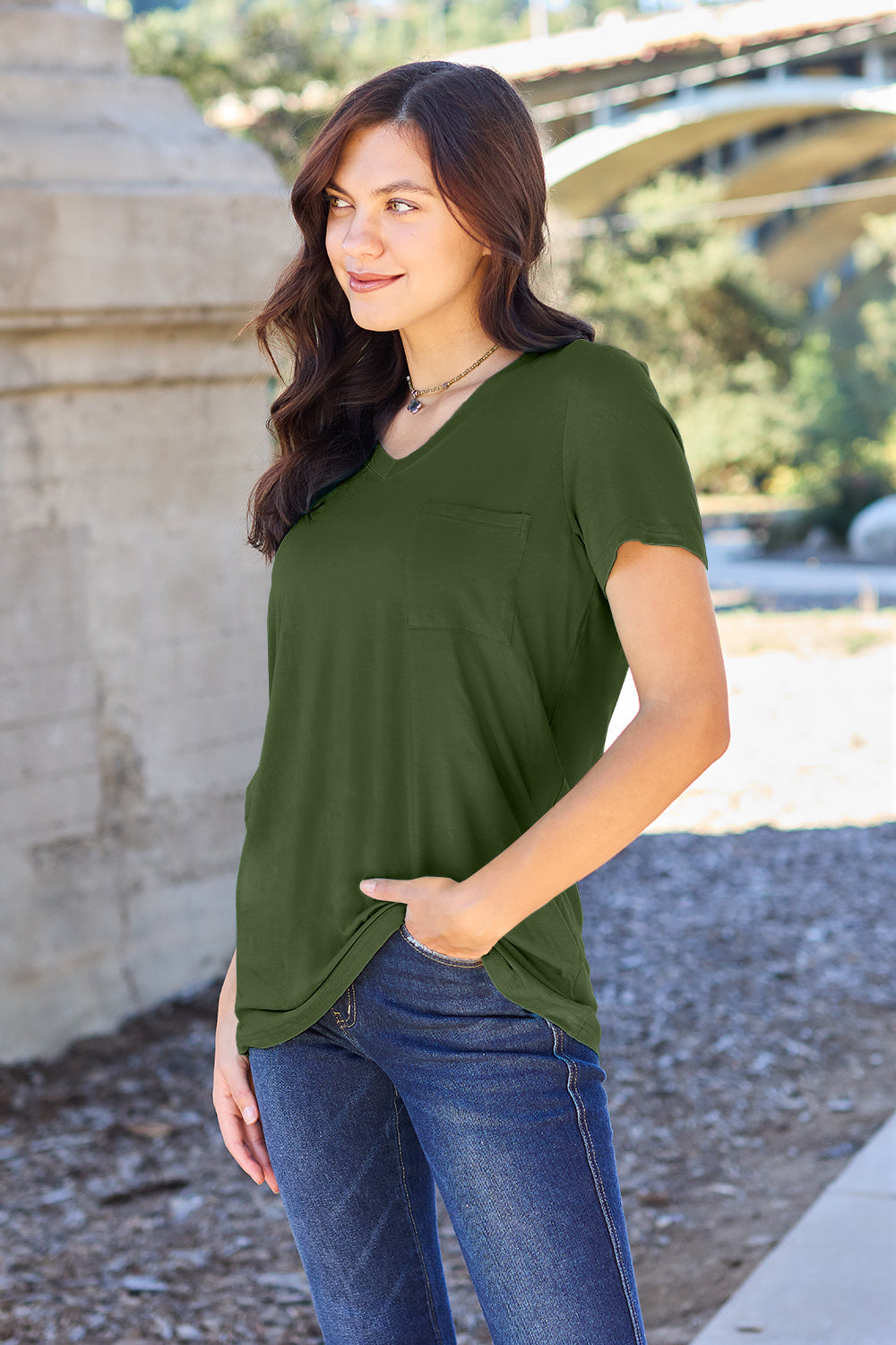 Buy matcha-green Basic Bae Full Size V-Neck Short Sleeve T-Shirt