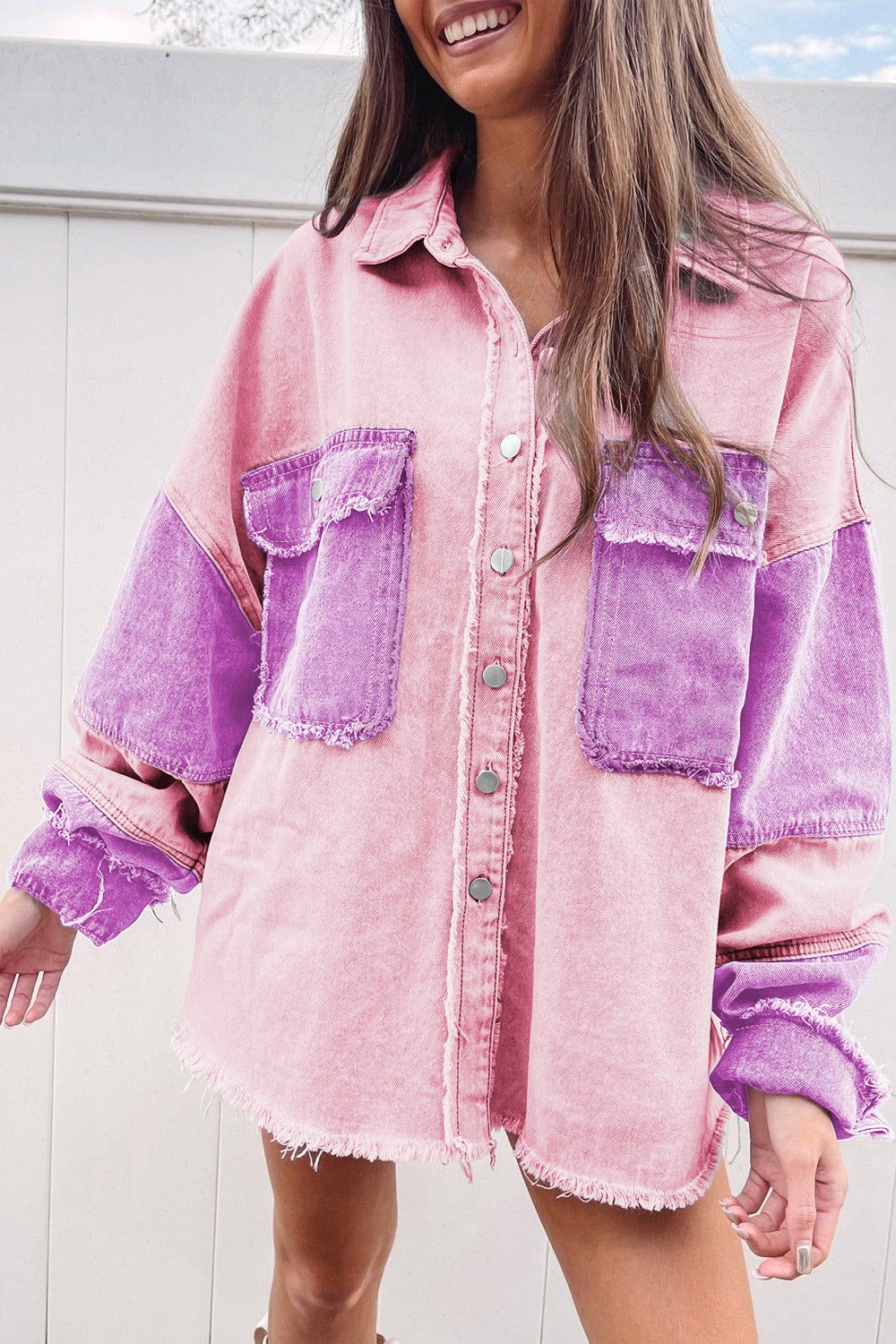 Buy lavender Color Block Button Up Raw Hem Denim Jacket