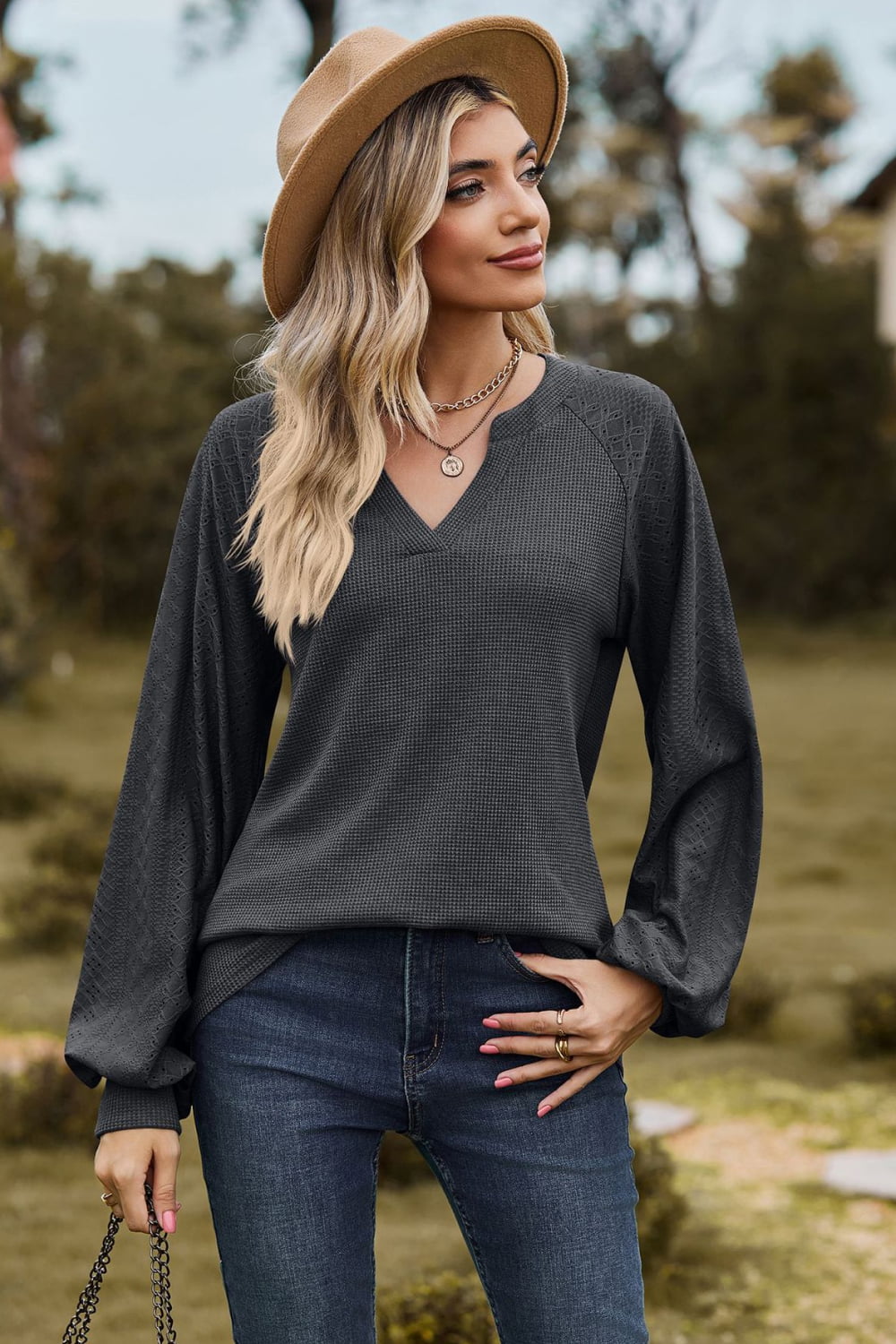 Buy dark-gray Notched Neck Raglan Sleeve Blouse