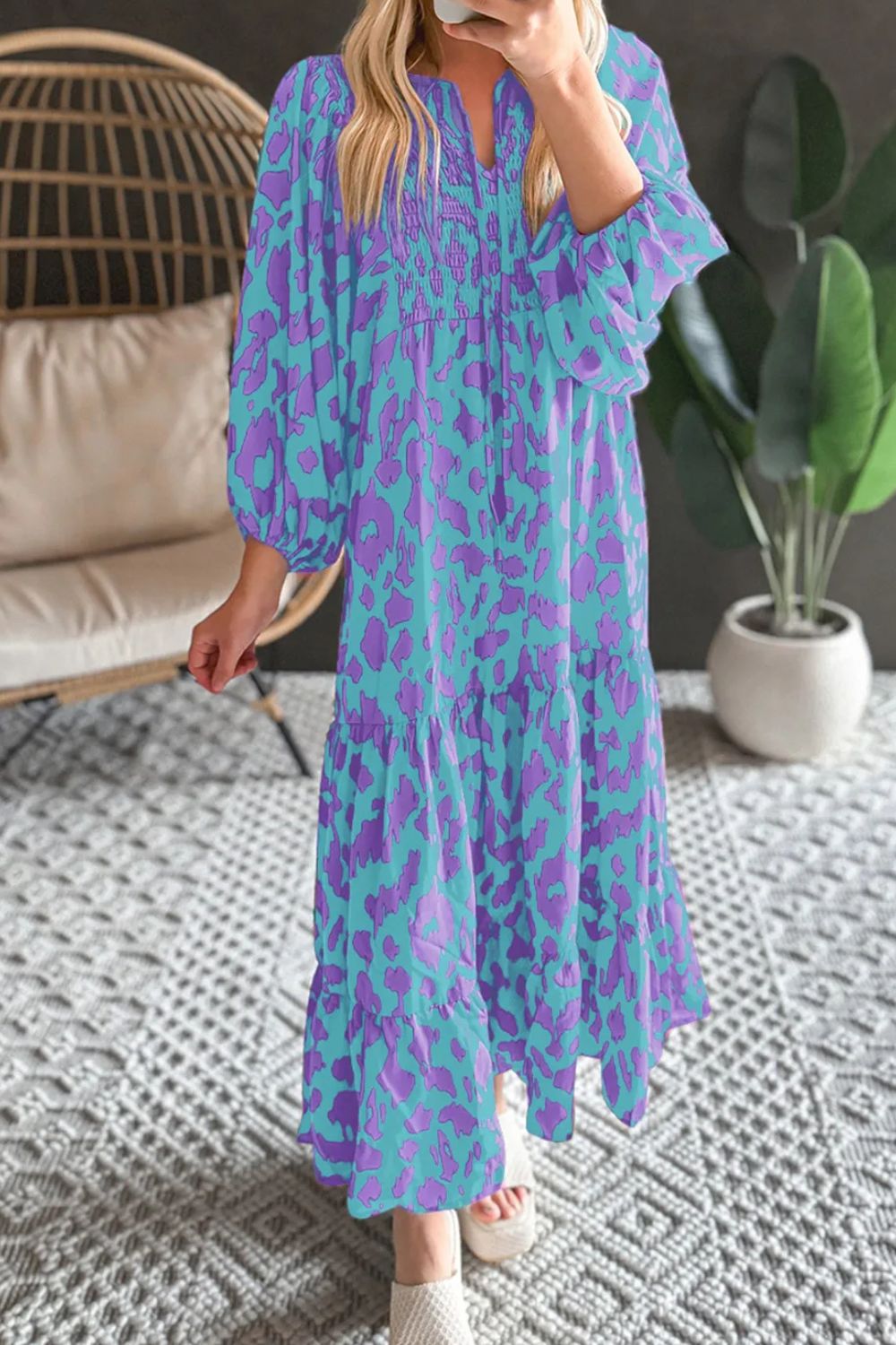 Buy cerulean Smocked Printed Tie Neck Long Sleeve Dress