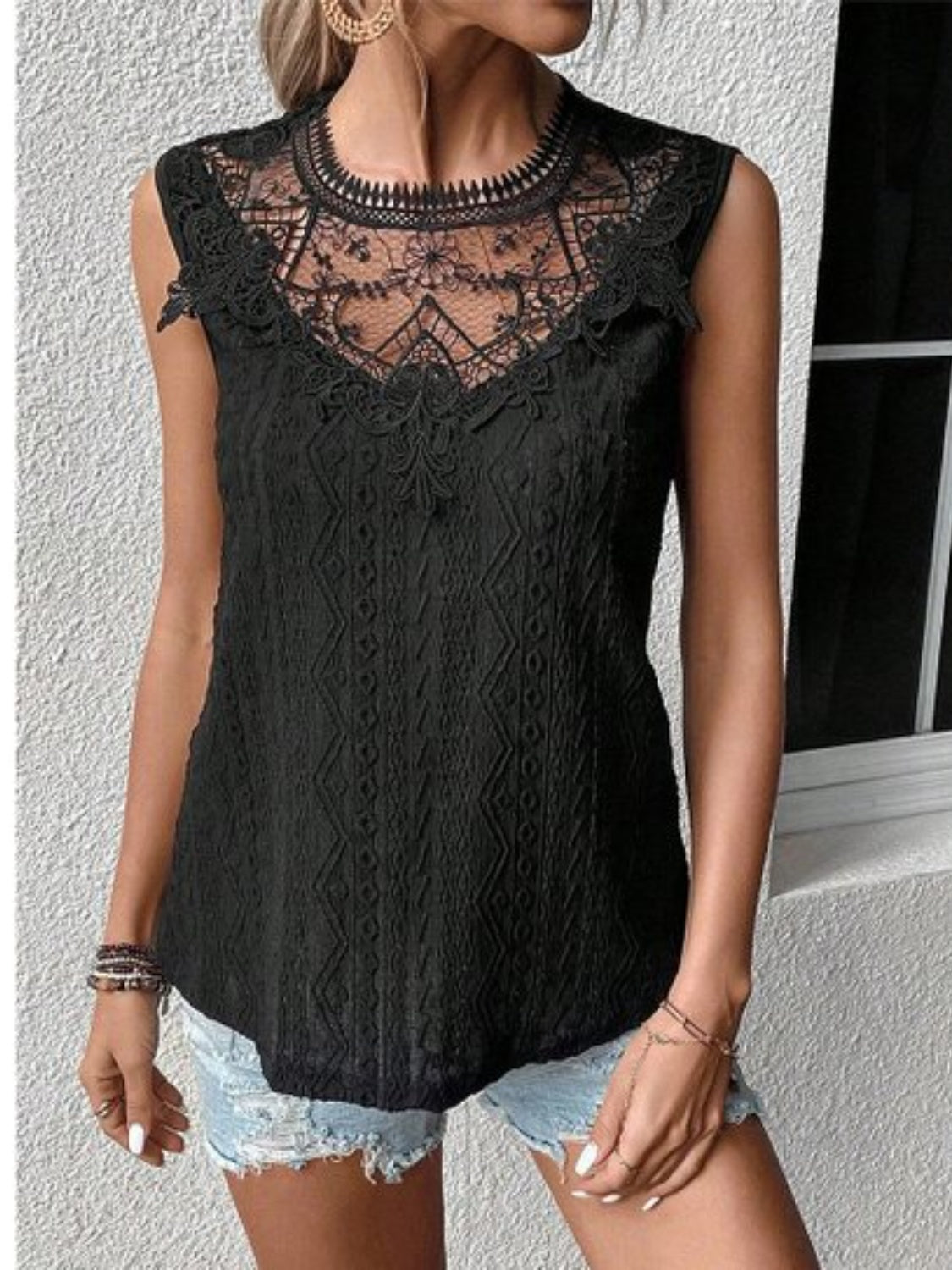 Buy black Lace Eyelet Sleeveless Top