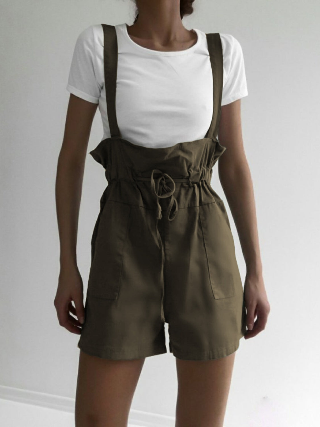 Buy moss Drawstring Wide Strap Overalls with Pockets