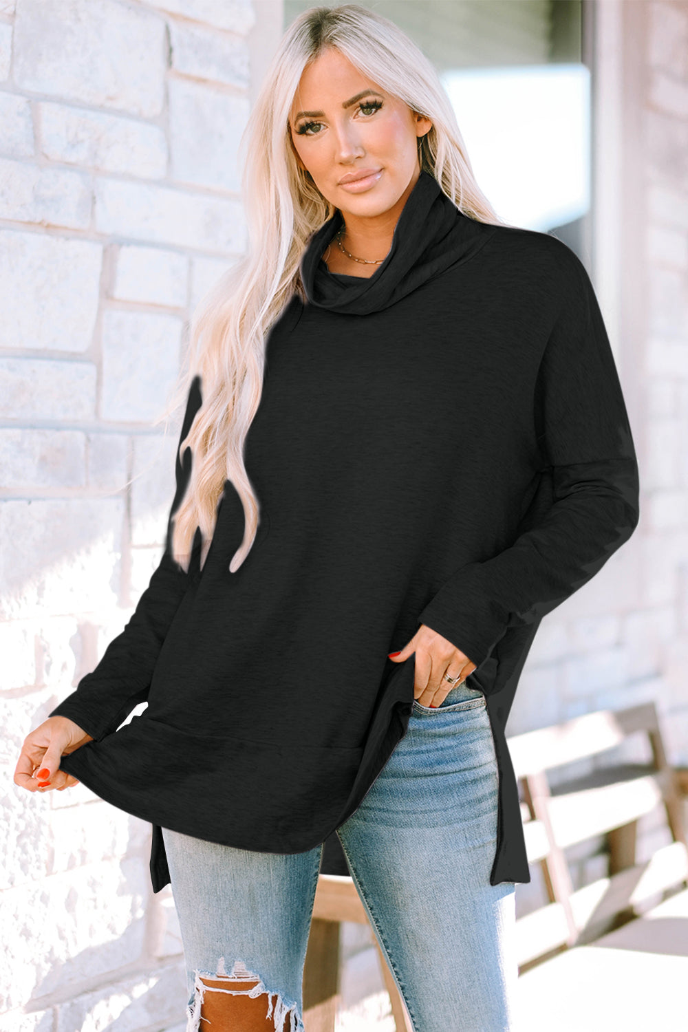 Buy black Cowl Neck Long Sleeve Slit Blouse