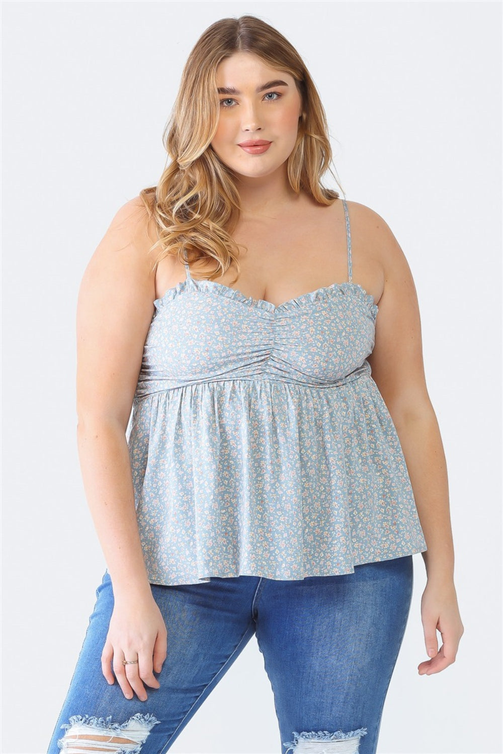 Buy blue Zenobia Plus Size Frill Smocked Floral Sweetheart Neck Cami