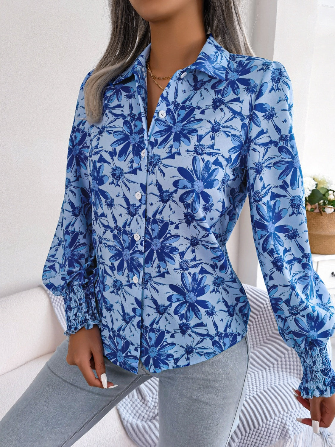 Buy royal-blue Floral Collared Neck Long Sleeve Shirt