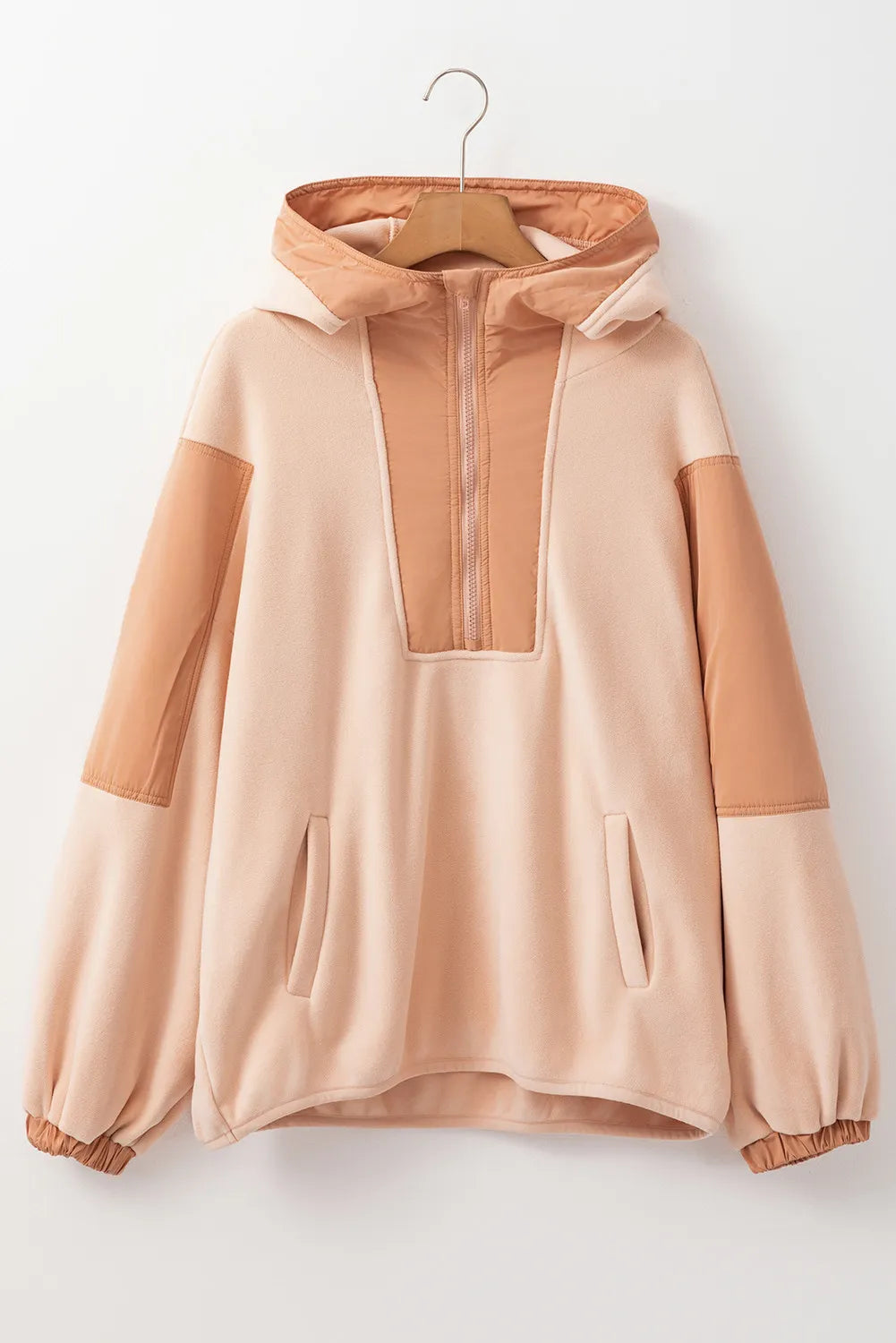 Buy tan Color Block Half Zip Long Sleeve Hoodie