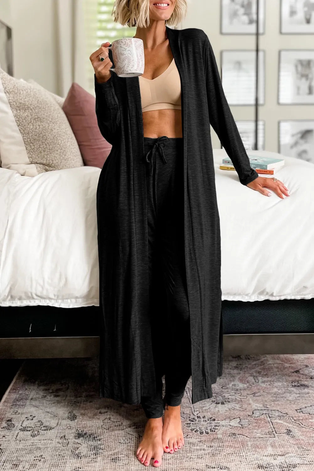 Buy black Open Front Long Sleeve Cardigan and Pants Lounge Set