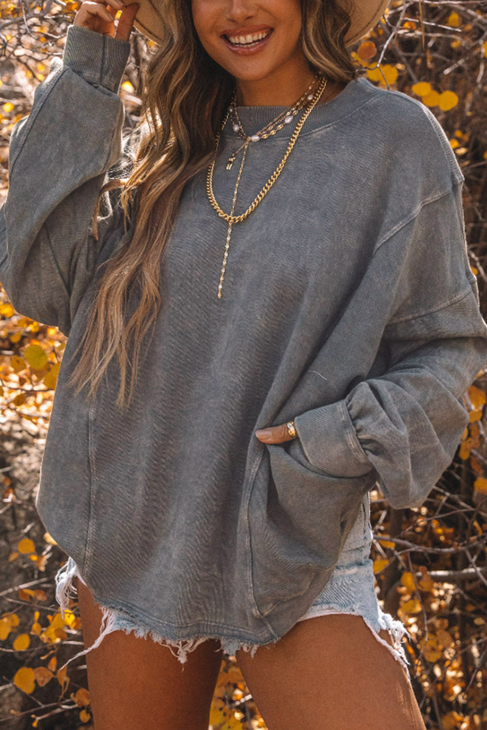 Buy cloudy-blue Twisted Plunge Neck Dropped Shoulder Sweatshirt