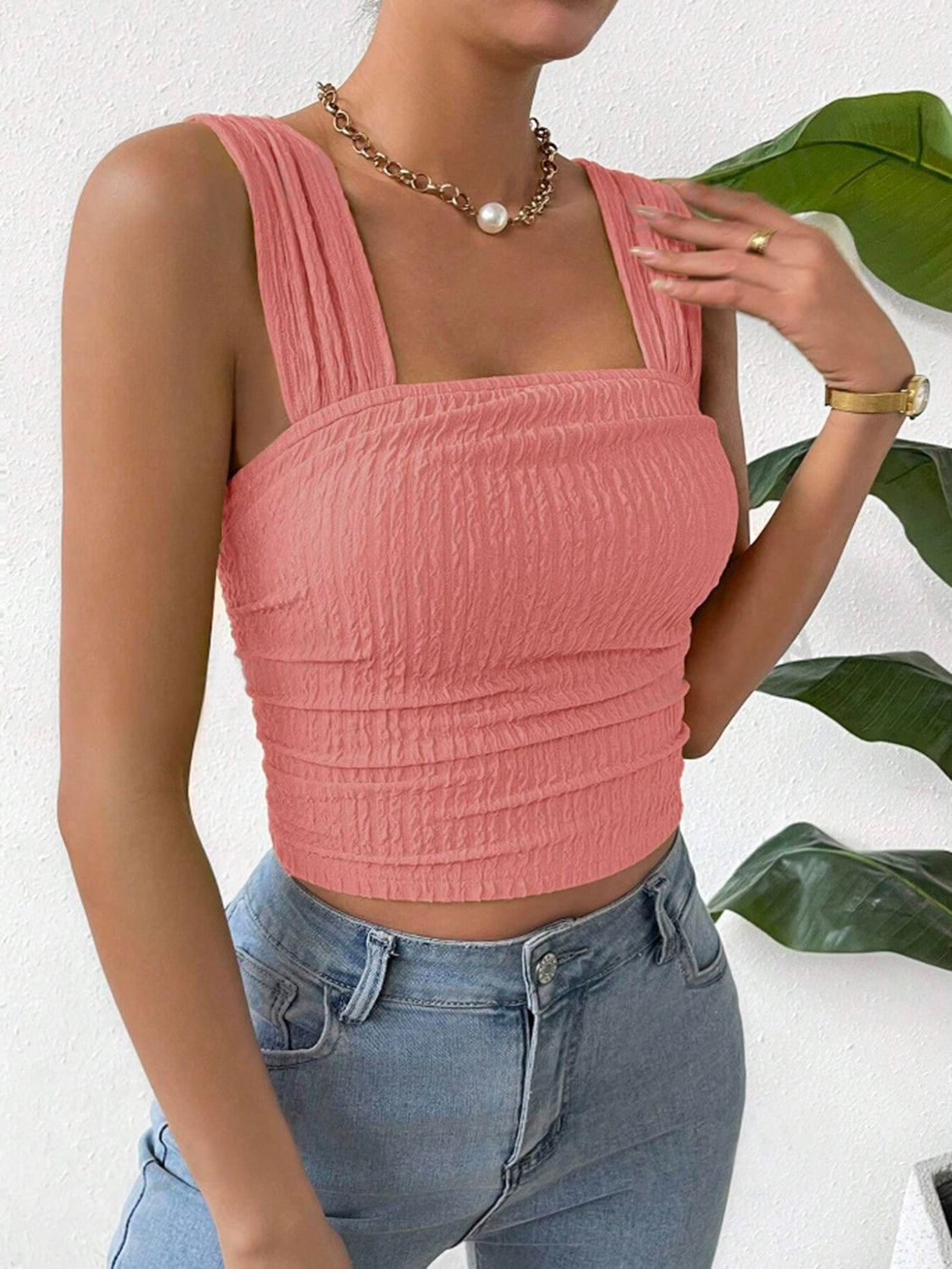 Buy coral Textured Square Neck Wide Strap Tank