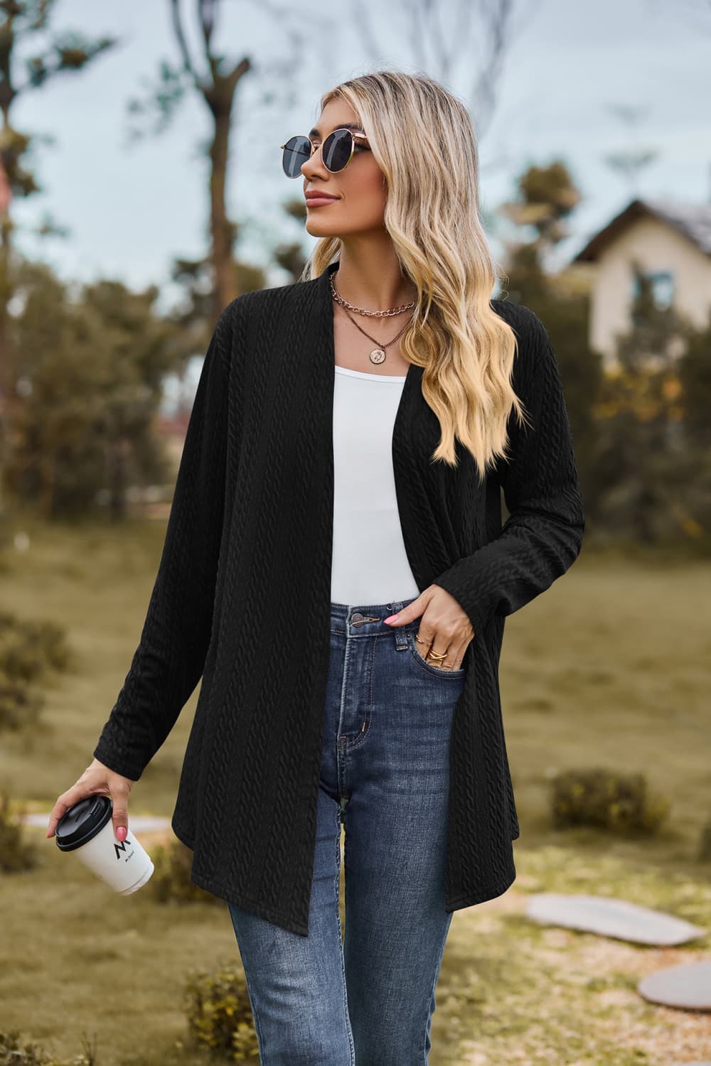 Buy black Open Front Long Sleeve Cardigan