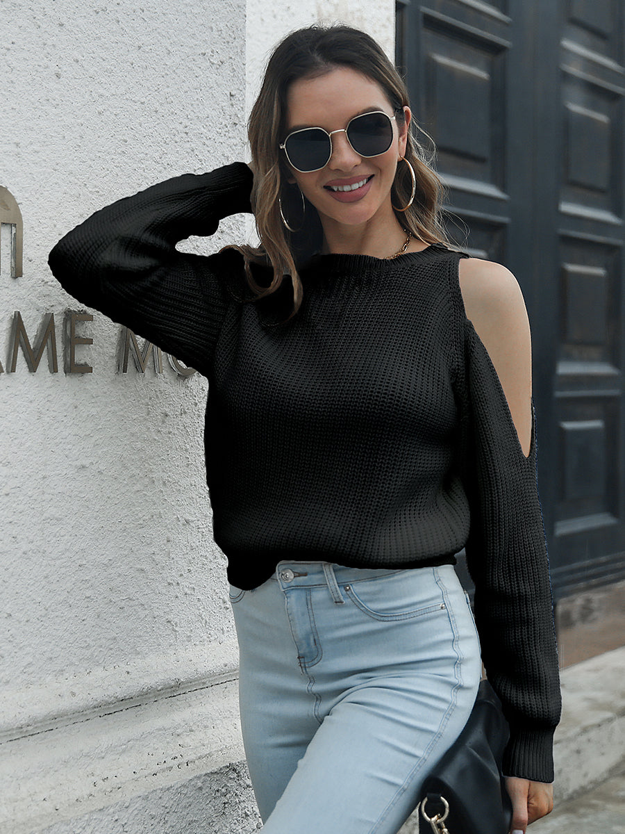 Buy black Cold-Shoulder Round Neck Sweater