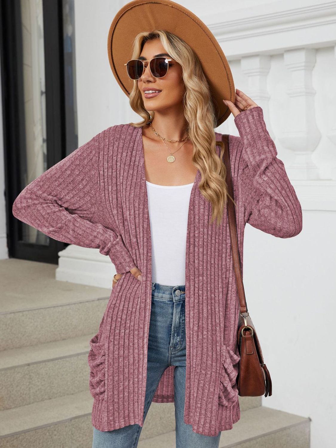 Buy plum Pocketed Open Front Long Sleeve Cardigan