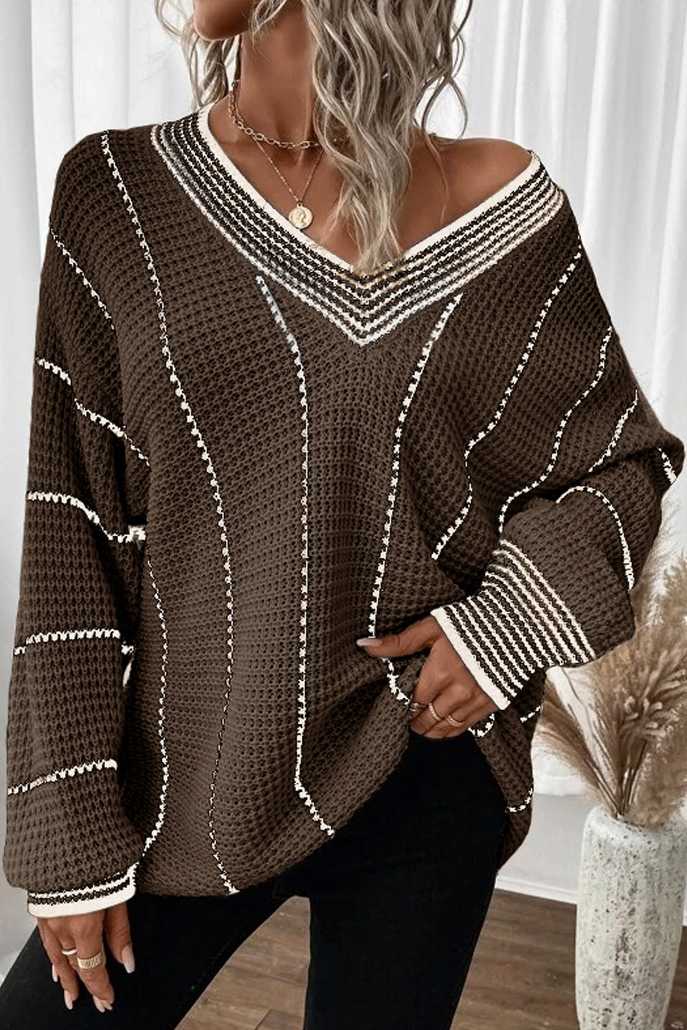 Buy coffee-brown Striped V-Neck Dropped Shoulder Sweater