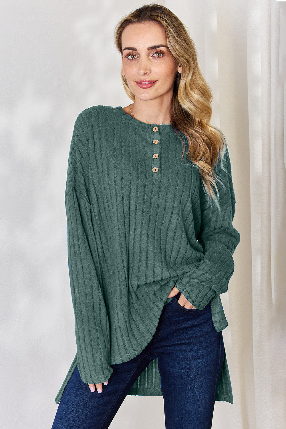 Buy army-green Basic Bae Full Size Ribbed Half Button Long Sleeve High-Low T-Shirt