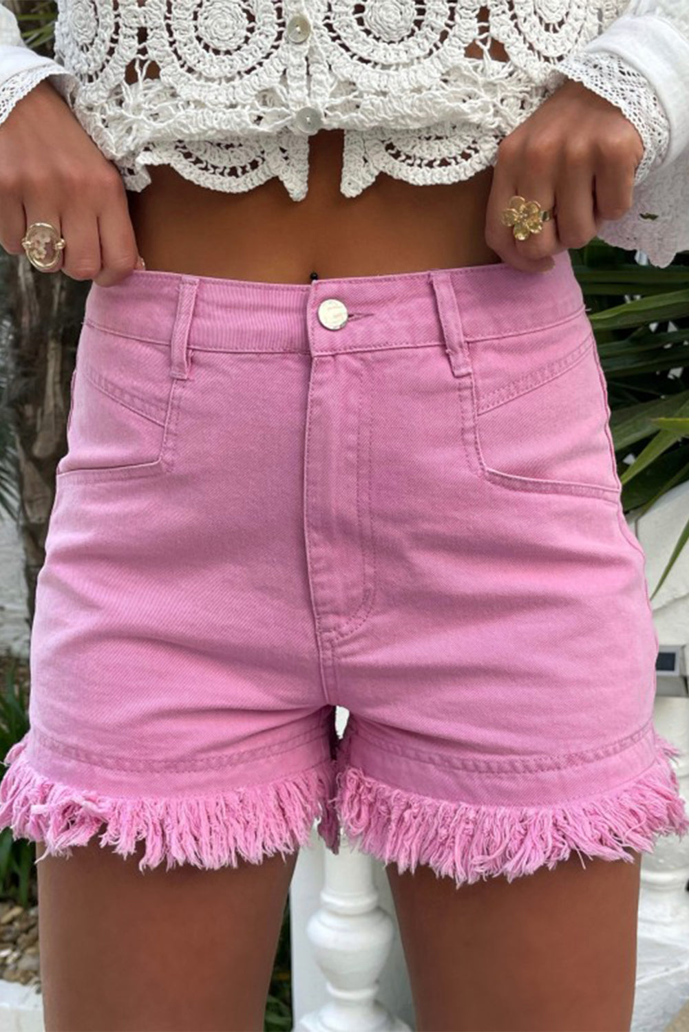 Buy pink Raw Hem High Waist Denim Shorts