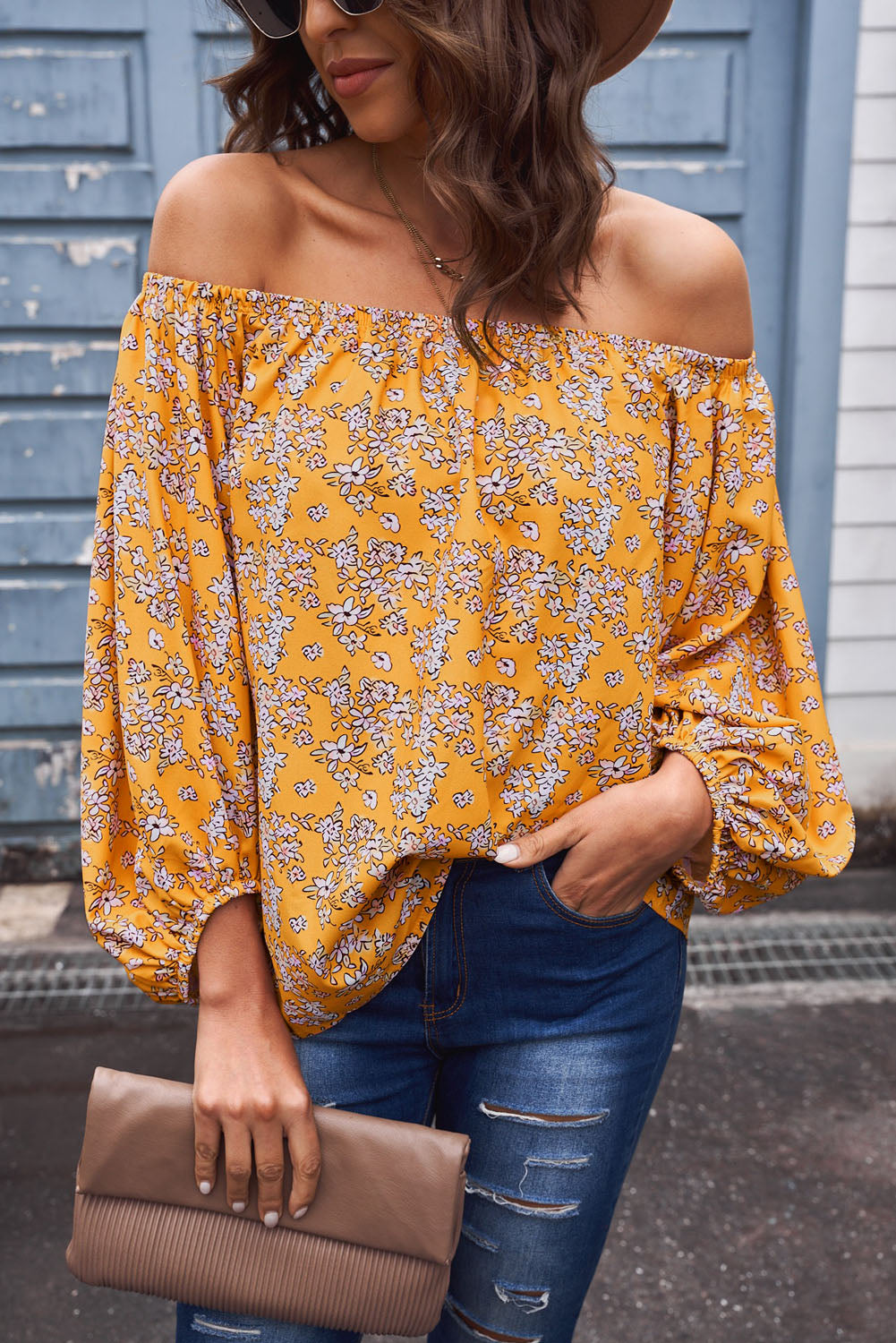 Buy yellow Off-Shoulder Balloon Sleeve Top