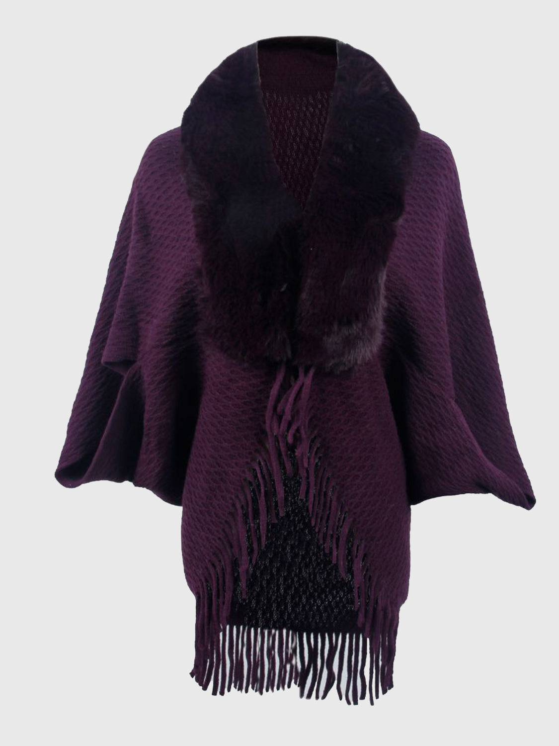 Buy plum Open Front Fringe Hem Poncho