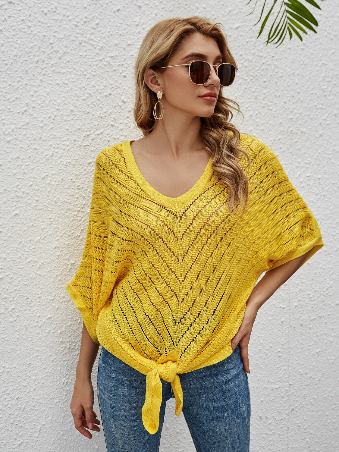 Buy yellow Openwork Batwing Sleeve Cover-Up