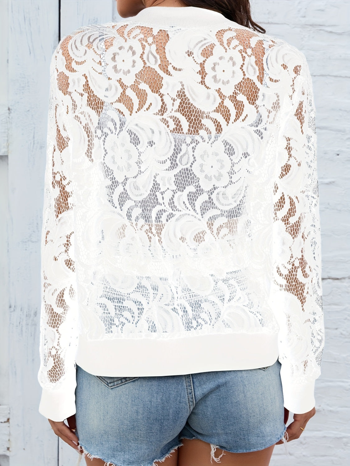 Buy white Sheer Lace Zip Up Long Sleeve Jacket