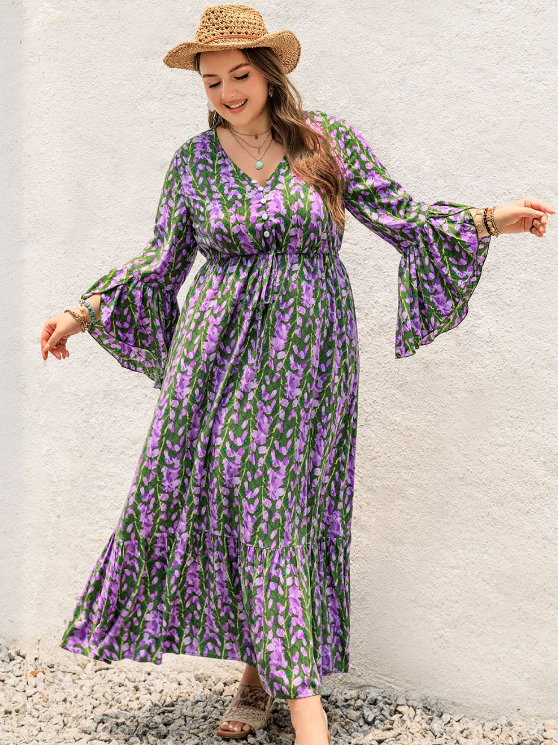 Buy mauve Plus Size Printed V-Neck Long Sleeve Maxi Dress