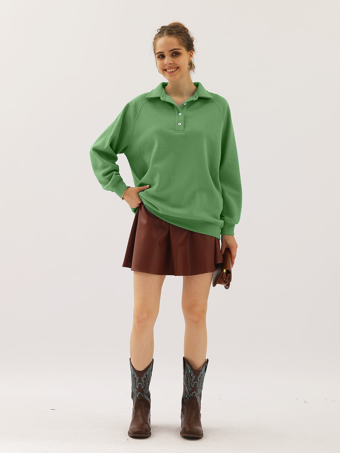 Buy matcha-green Ninexis Full Size Quarter-Button Collared Sweatshirt