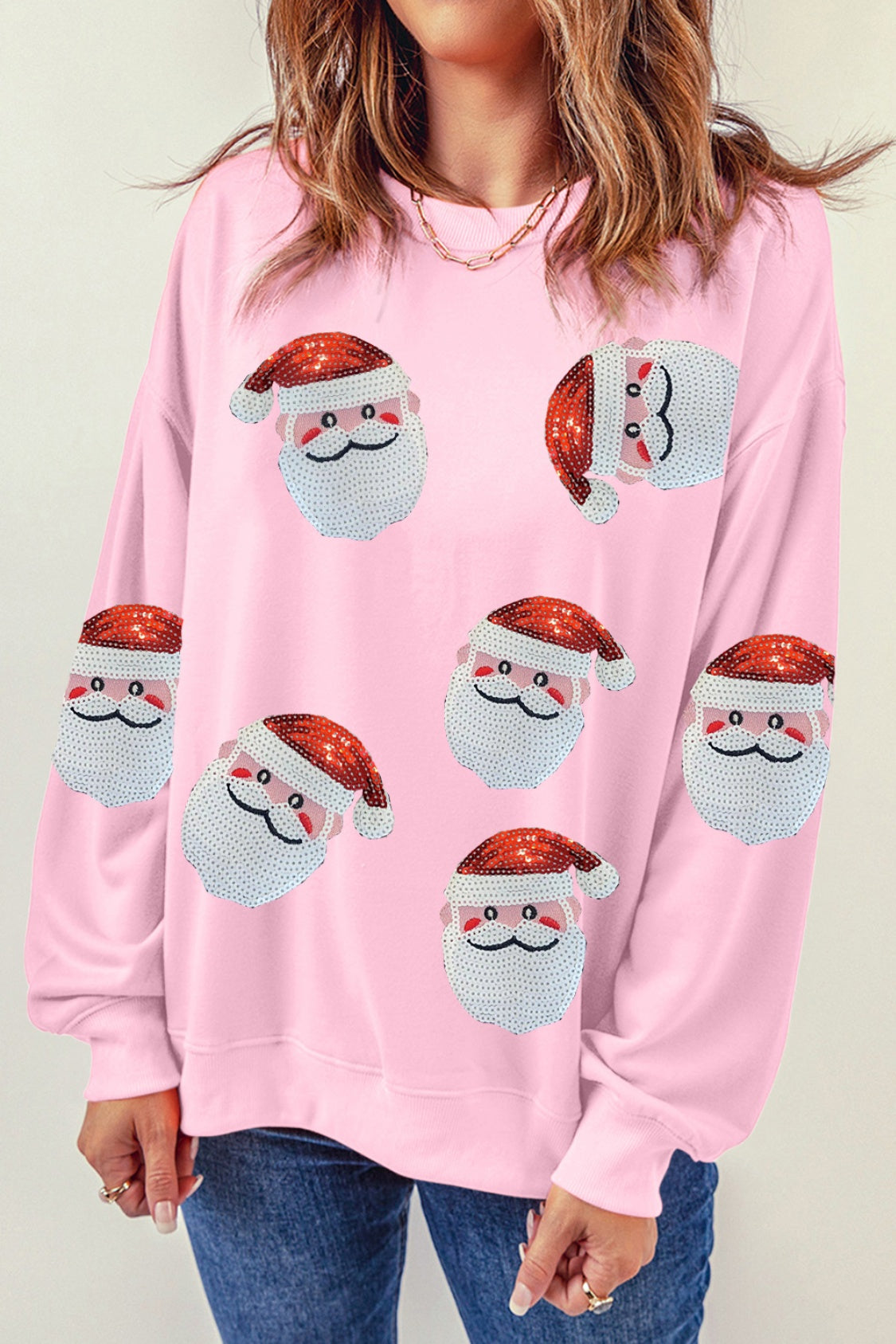 Buy blush-pink Sequin Santa Patch Round Neck Sweatshirt