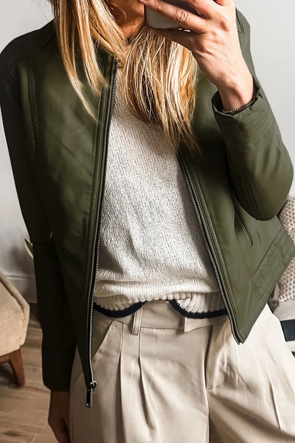 Buy army-green PU Leather Round Neck Long Sleeve Jacket