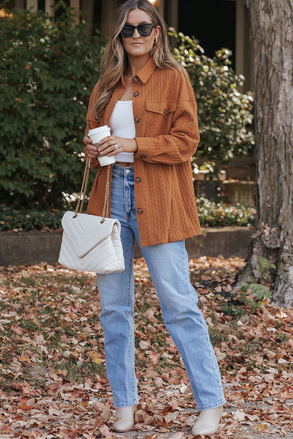 Textured Button Up Shacket with Pockets