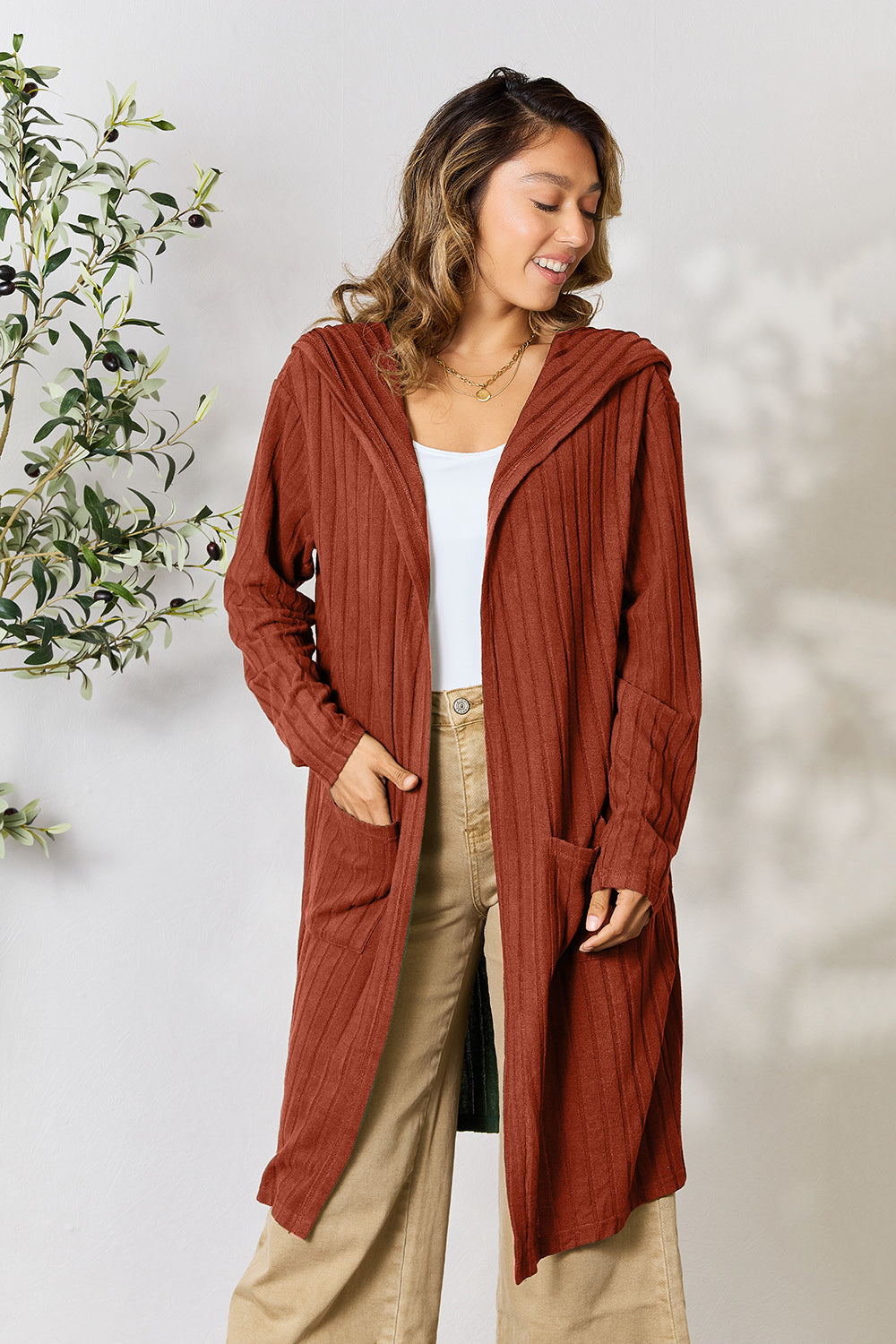 Buy rust Basic Bae Full Size Hooded Sweater Cardigan