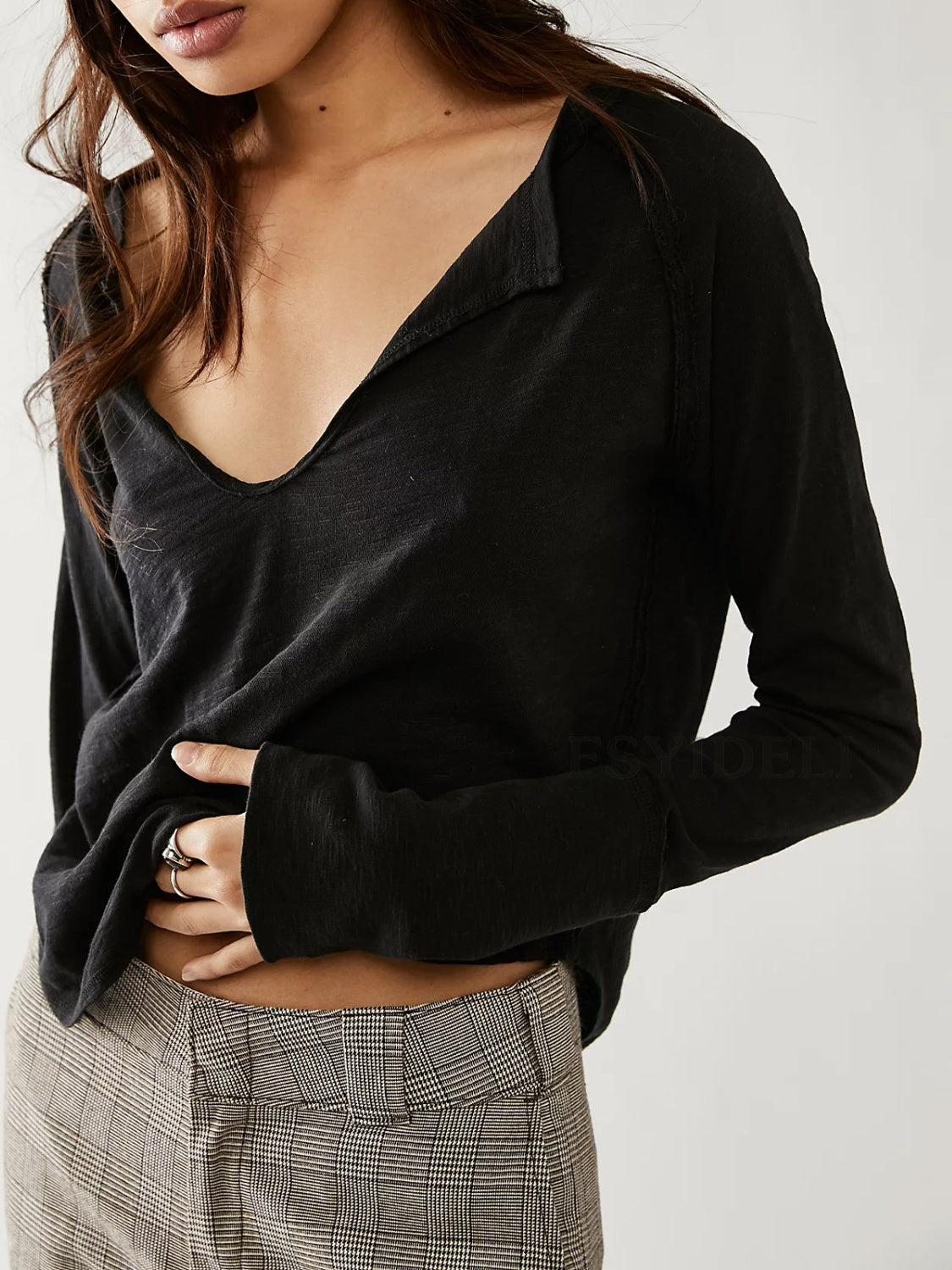 Buy black Exposed Seam Notched Long Sleeve T-Shirt