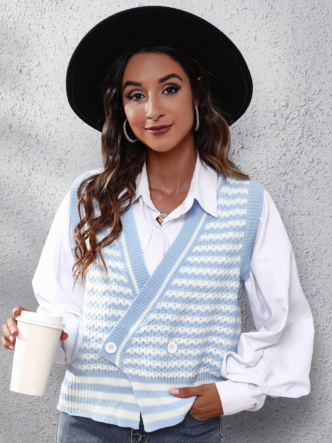 Buy light-blue Striped Button Up V-Neck Sweater Vest