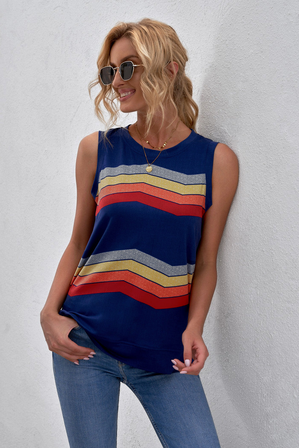 Buy navy Printed Side Slit Round Neck Tank