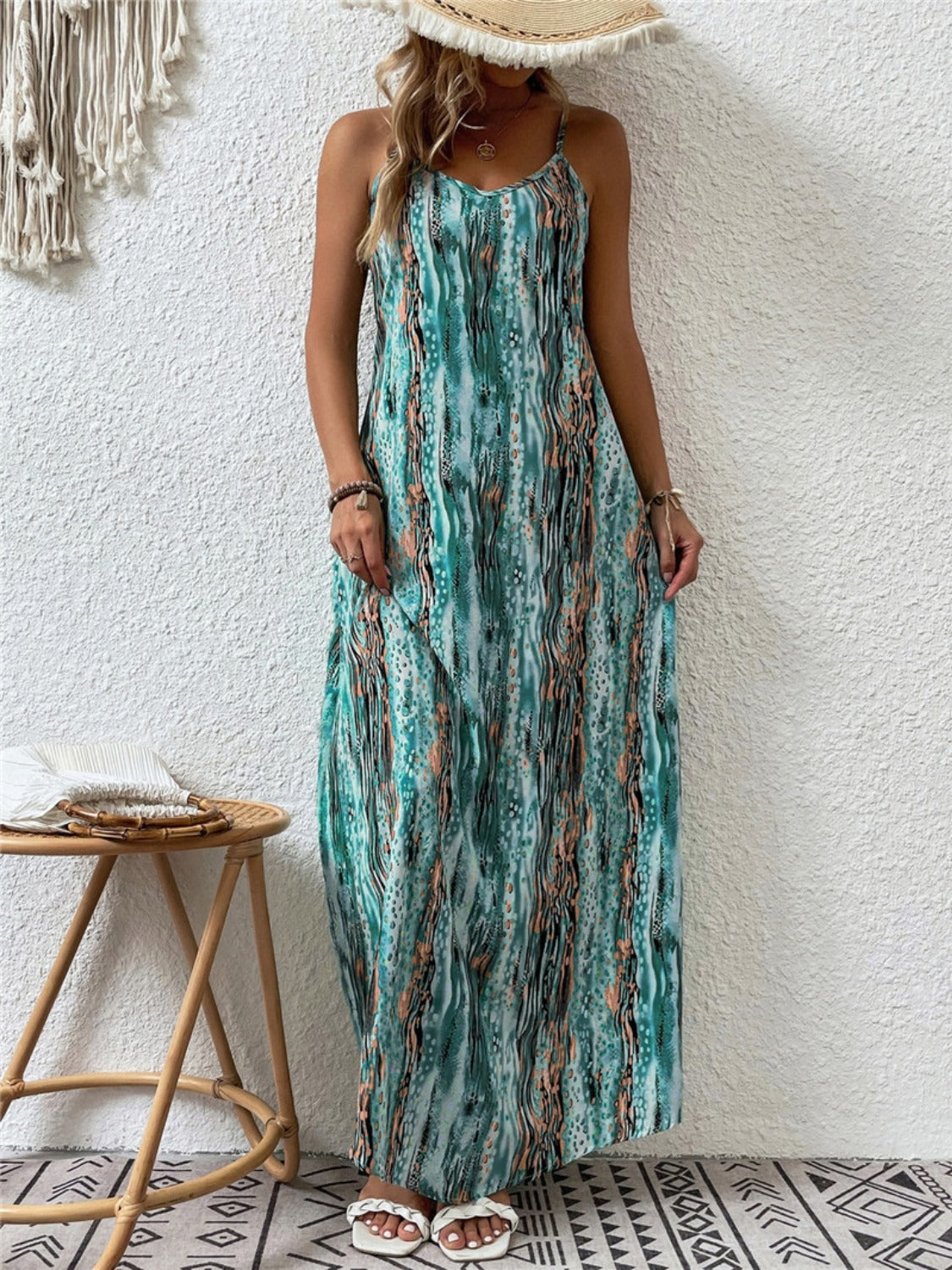 Buy turquoise Full Size Printed Scoop Neck Maxi Cami Dress