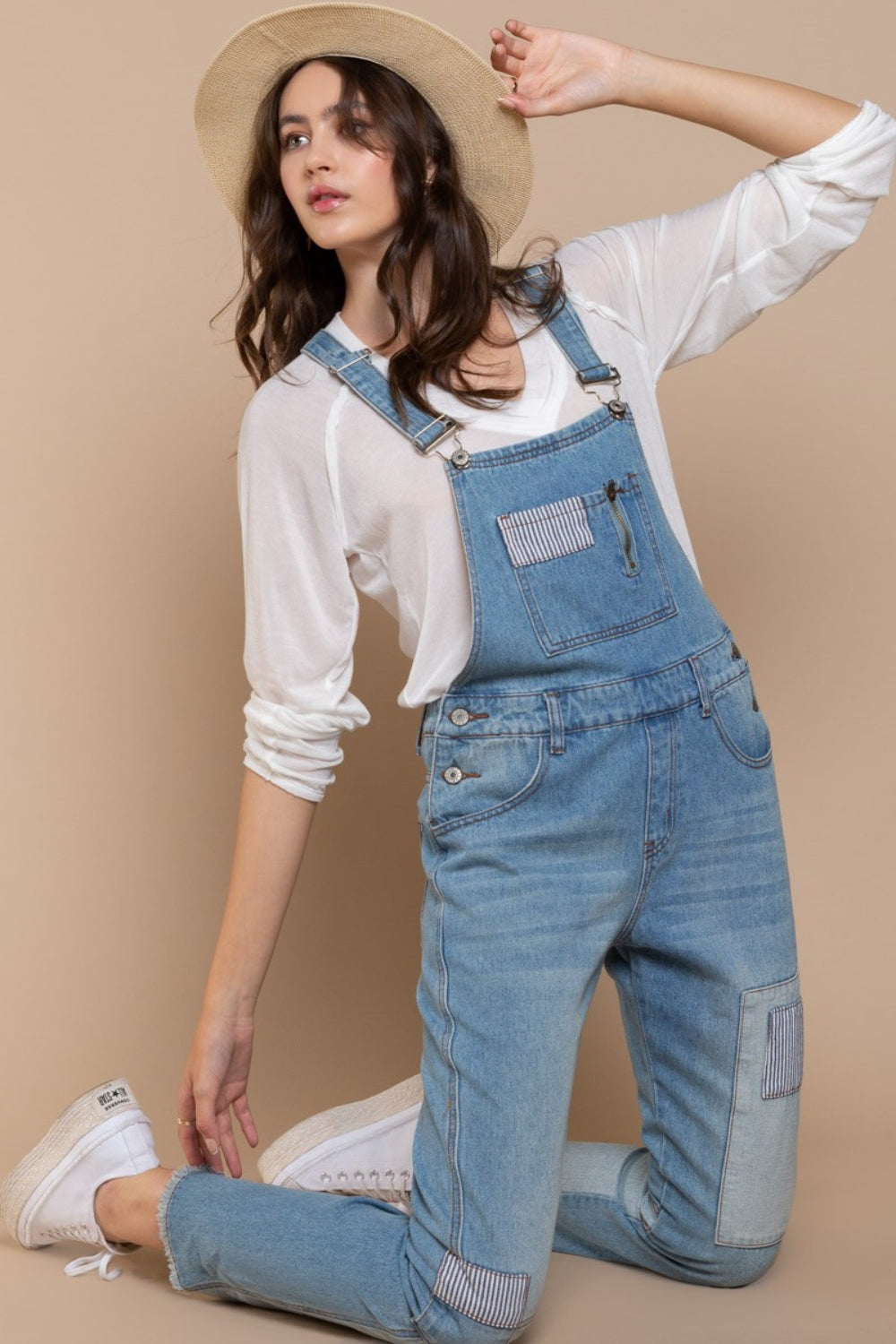 POL Front Chest Zipper Slim Leg Denim Overalls