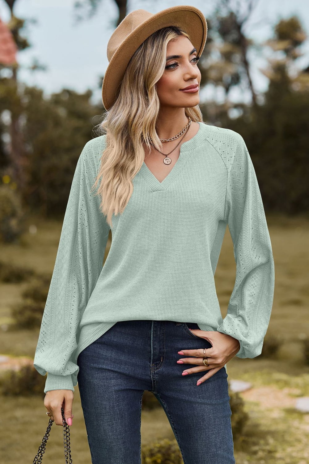 Buy light-green Notched Neck Raglan Sleeve Blouse