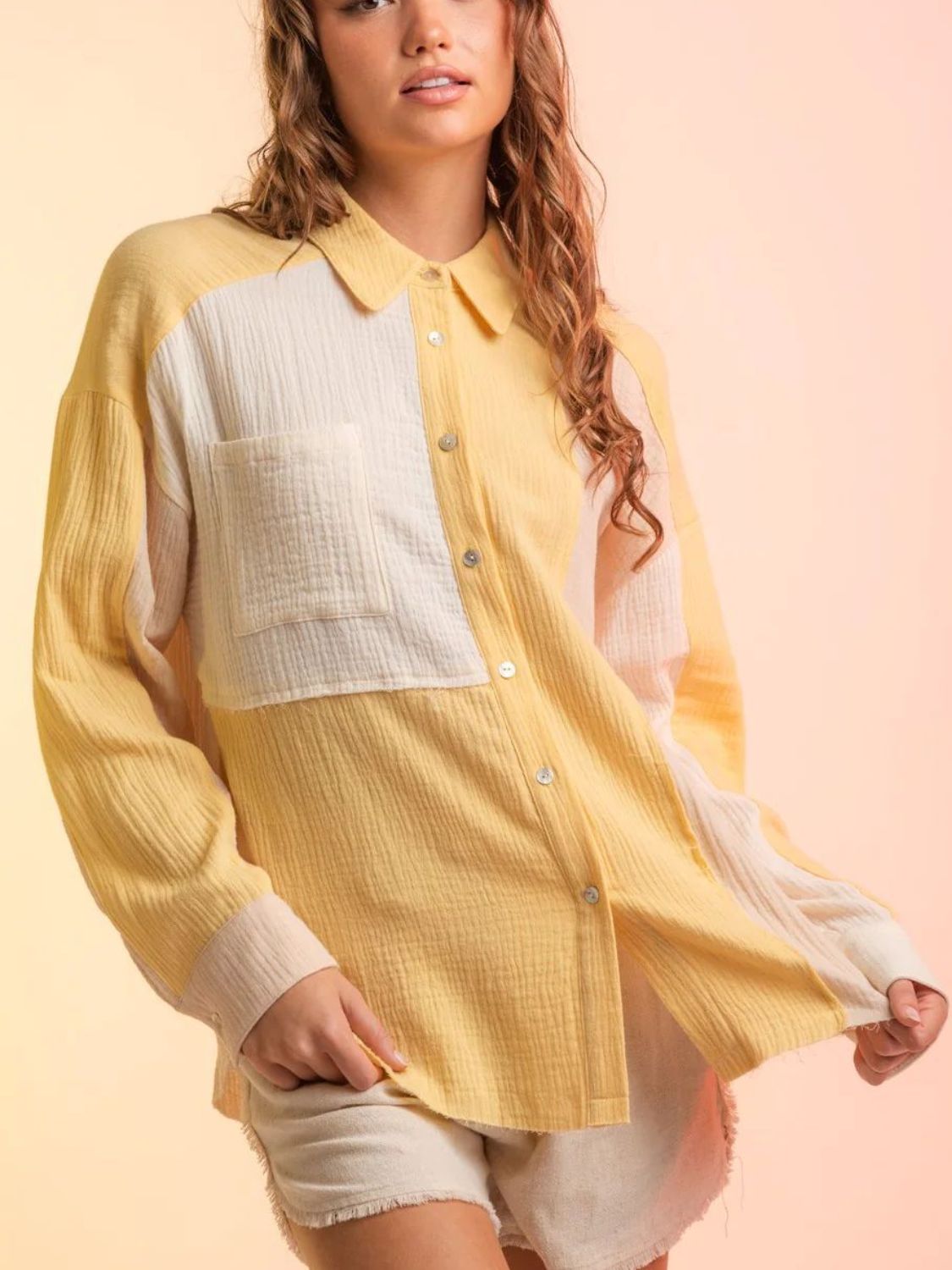 Buy pastel-yellow Contrast Button Up Long Sleeve Shirt