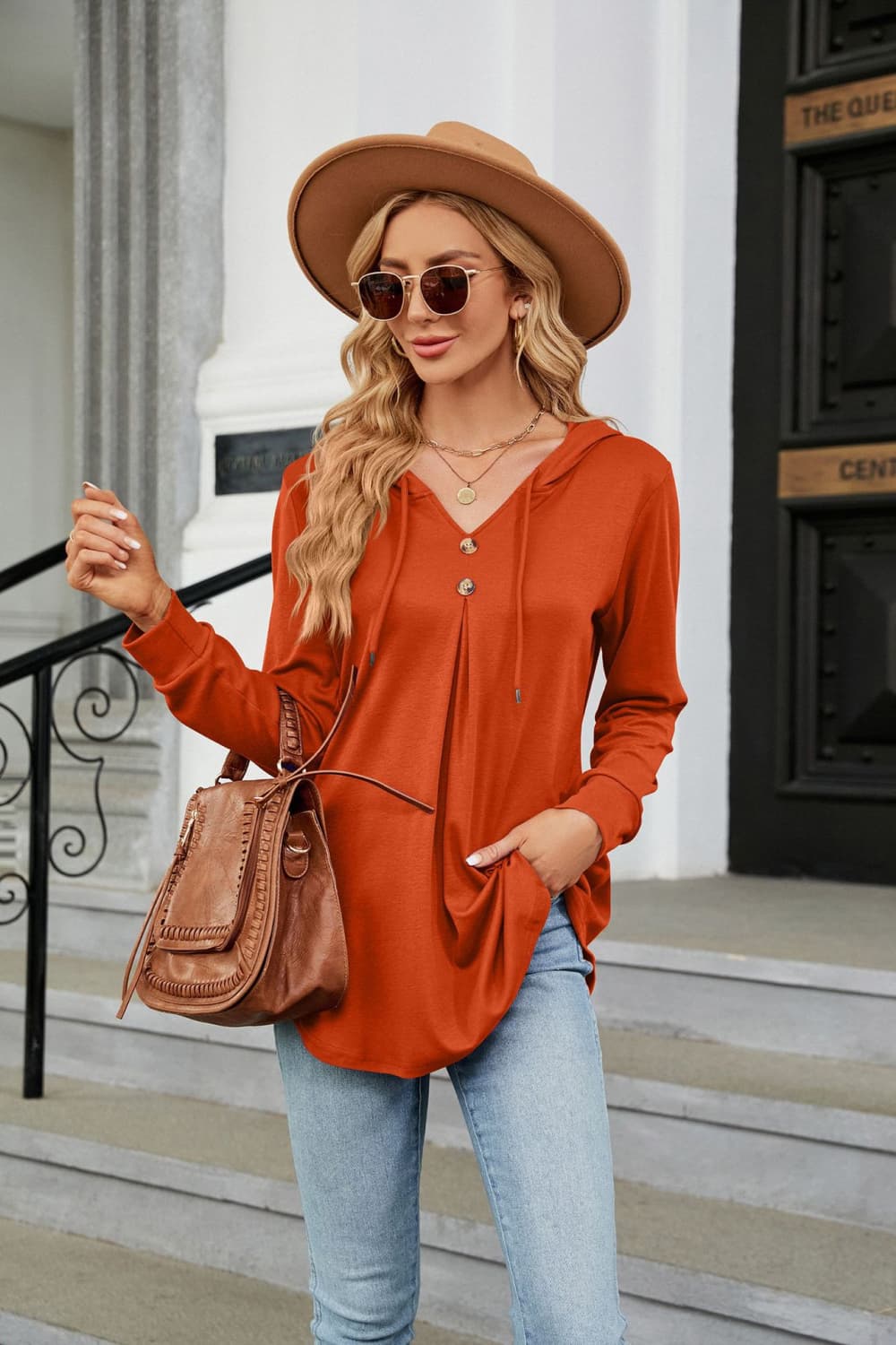 Buy orange Long Sleeve Hooded Blouse