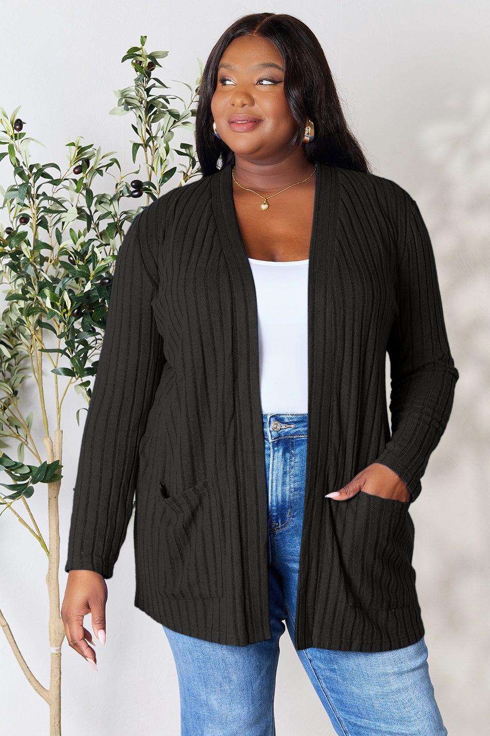 Buy black Basic Bae Full Size Ribbed Open Front Cardigan with Pockets