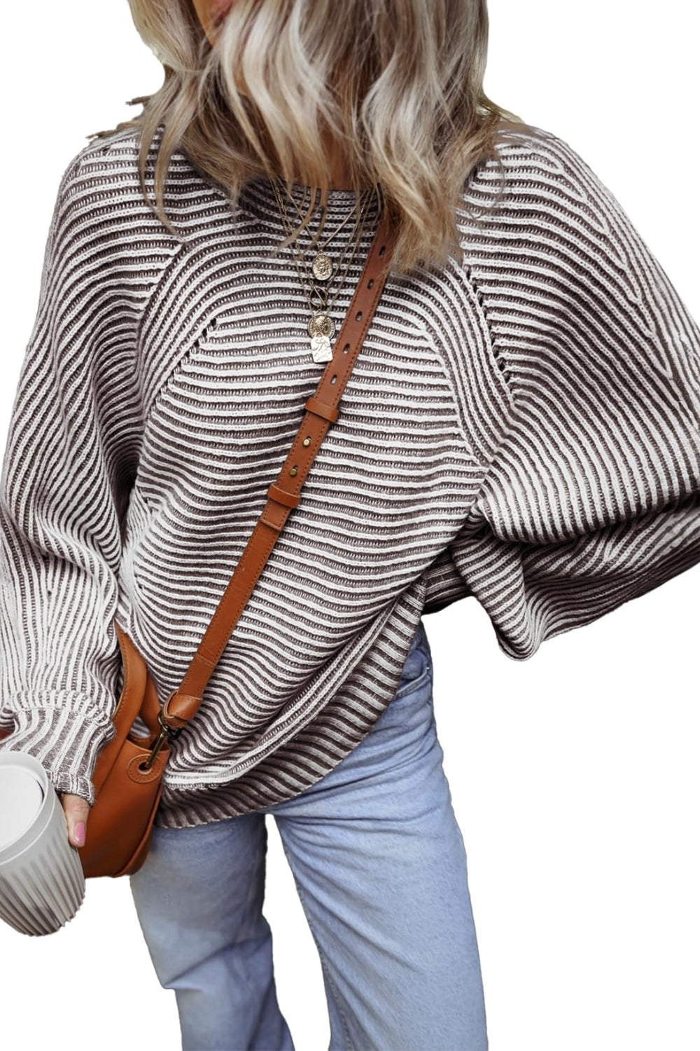 Textured Striped Round Neck Long Sleeve Top