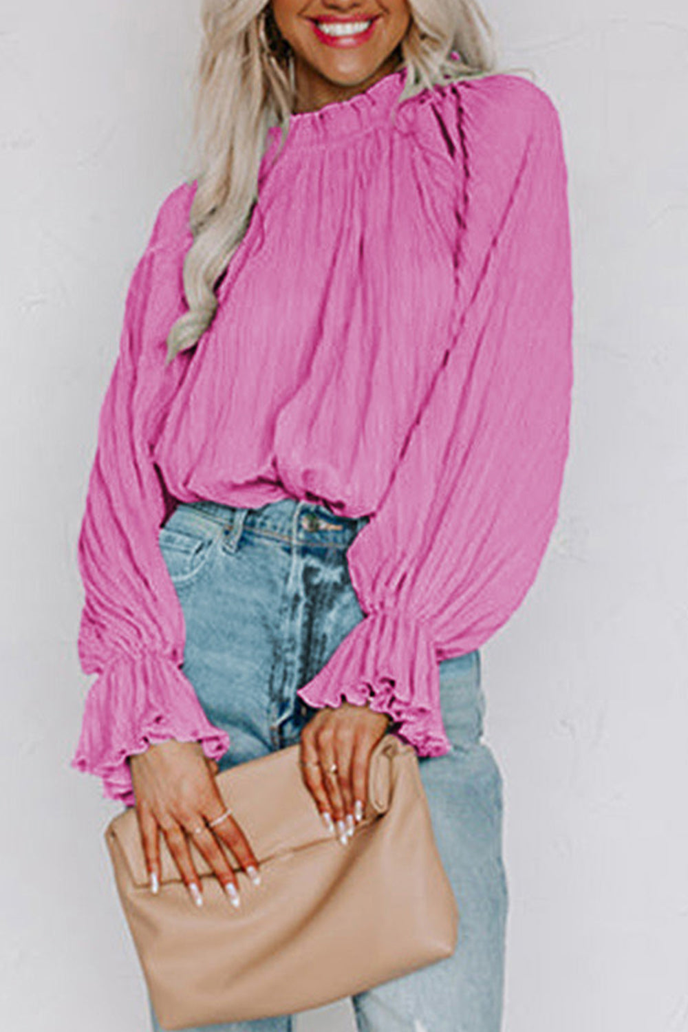 Buy fuchsia-pink Round Neck Flounce Sleeve Blouse