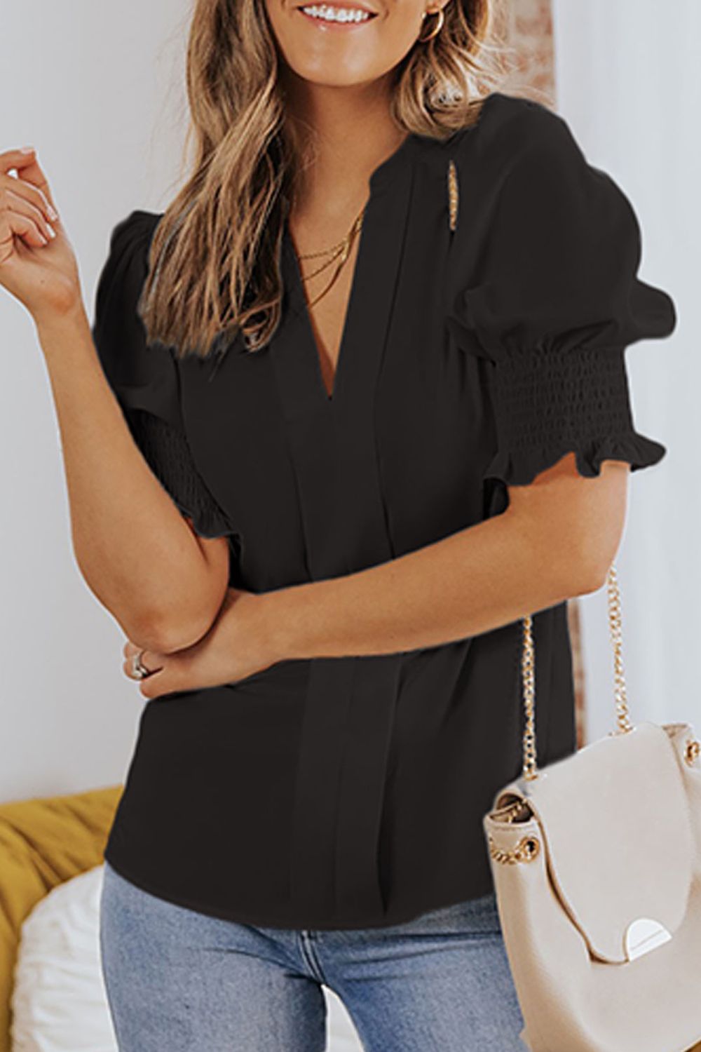 Buy black Smocked Flounce Sleeve Notched Neck Blouse