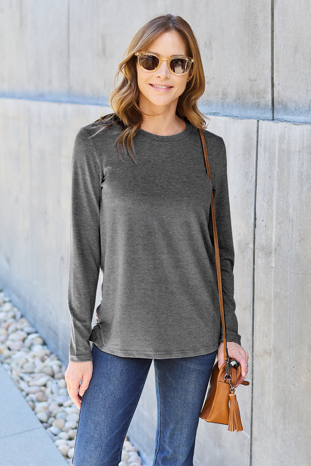 Buy dark-gray Basic Bae Full Size Round Neck Long Sleeve Top