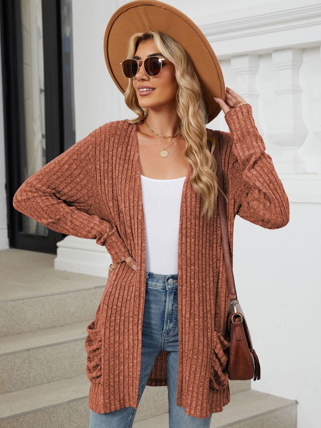 Buy ochre Pocketed Open Front Long Sleeve Cardigan