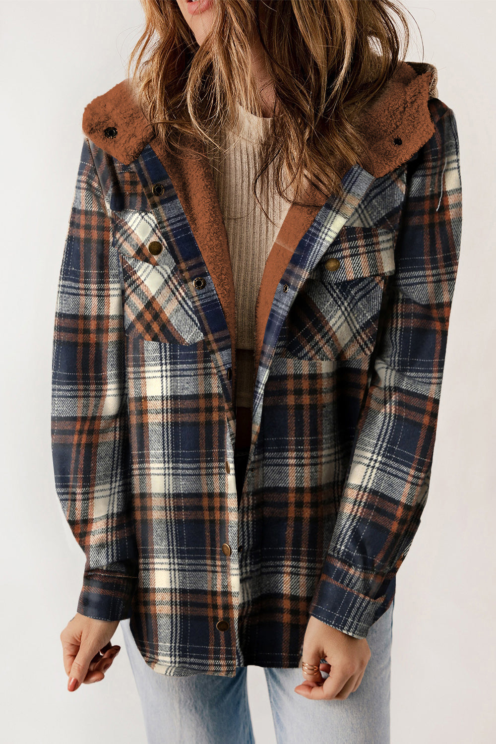 Buy navy Plaid Snap Down Hooded Jacket