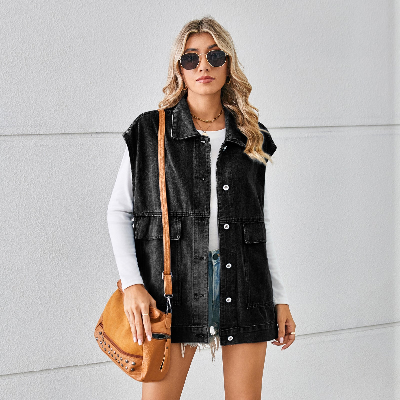 Buy black Pocketed Button Up Sleeveless Denim Jacket