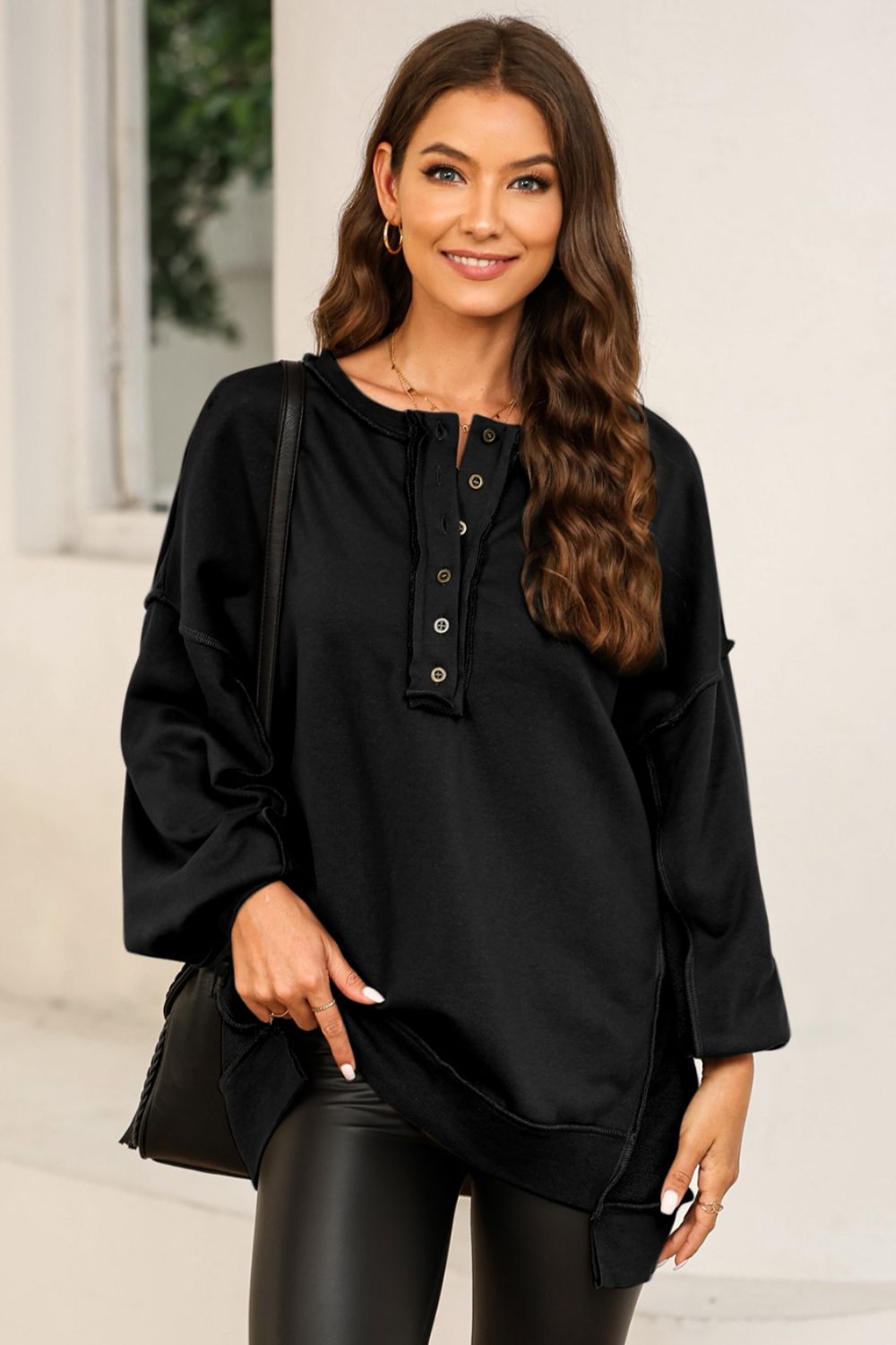 Buy black Buttoned Dropped Shoulder Sweatshirt