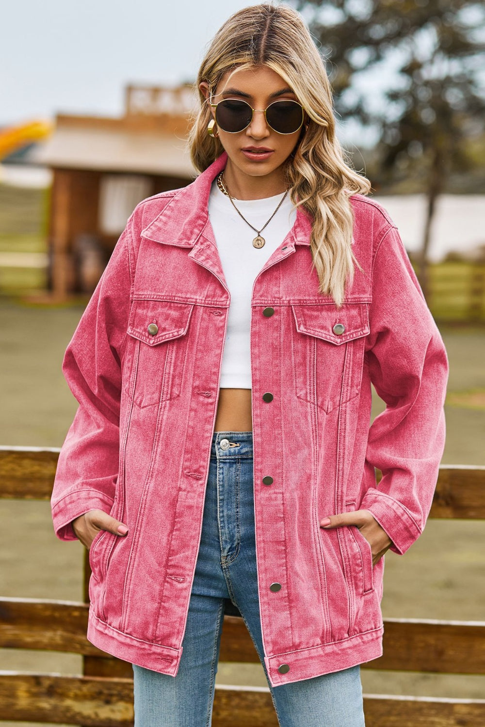 Buy coral Buttoned Collared Neck Denim Jacket with Pockets